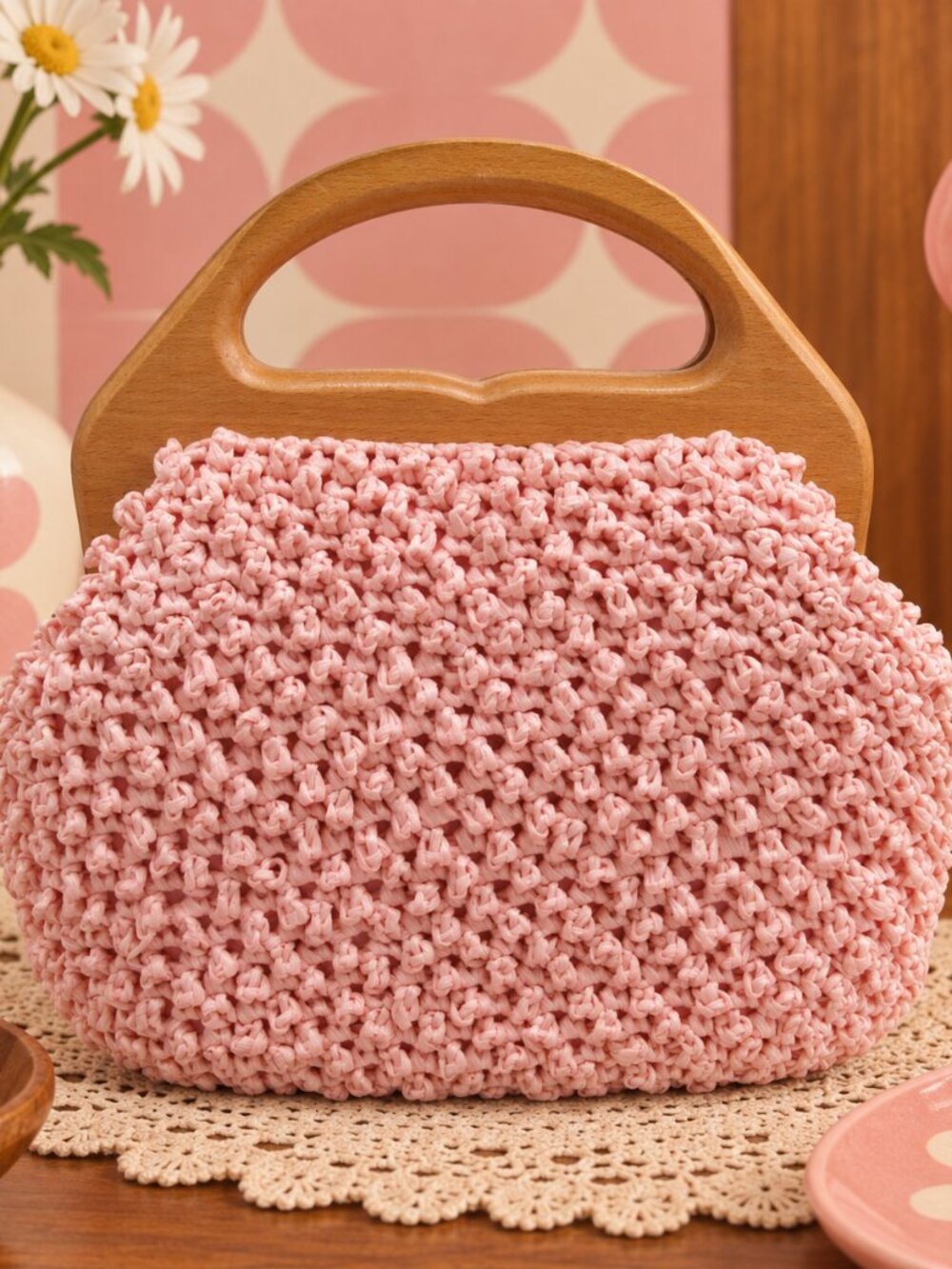 Vintage 1960s Mod Pink Purse Crochet Raffia Wood Handles Made In Japan Handbag
